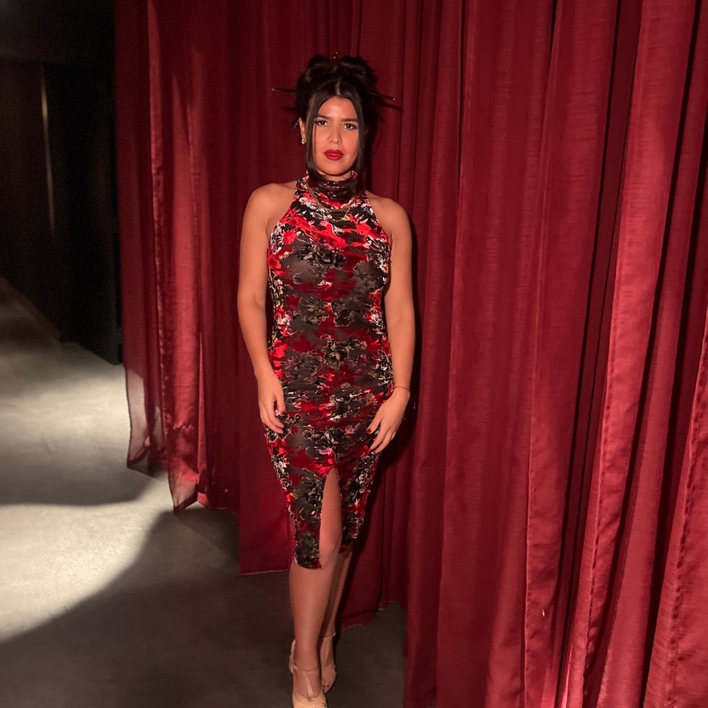 Red Floral Burnout Velvet Black Midi Cocktail Dress Large